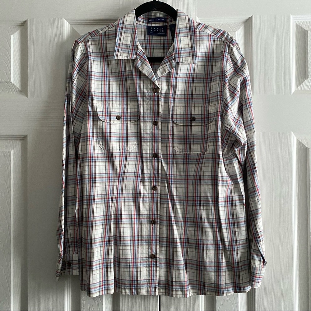 LIZ CLAIBORNE COTTON PLAID BUTTON FRONT SHIRT LAYERING WESTERN Multicolored L